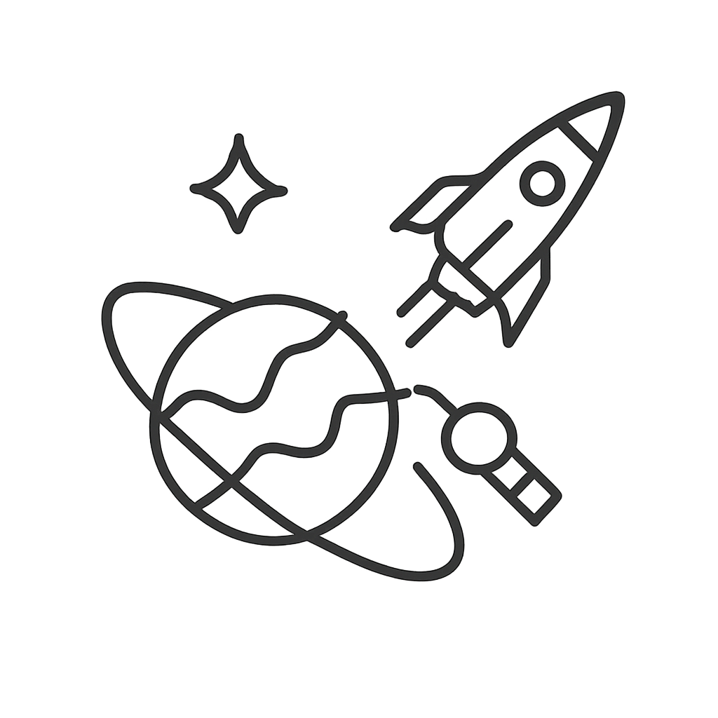 A rocket, Earth, and an Ampersand symbol.