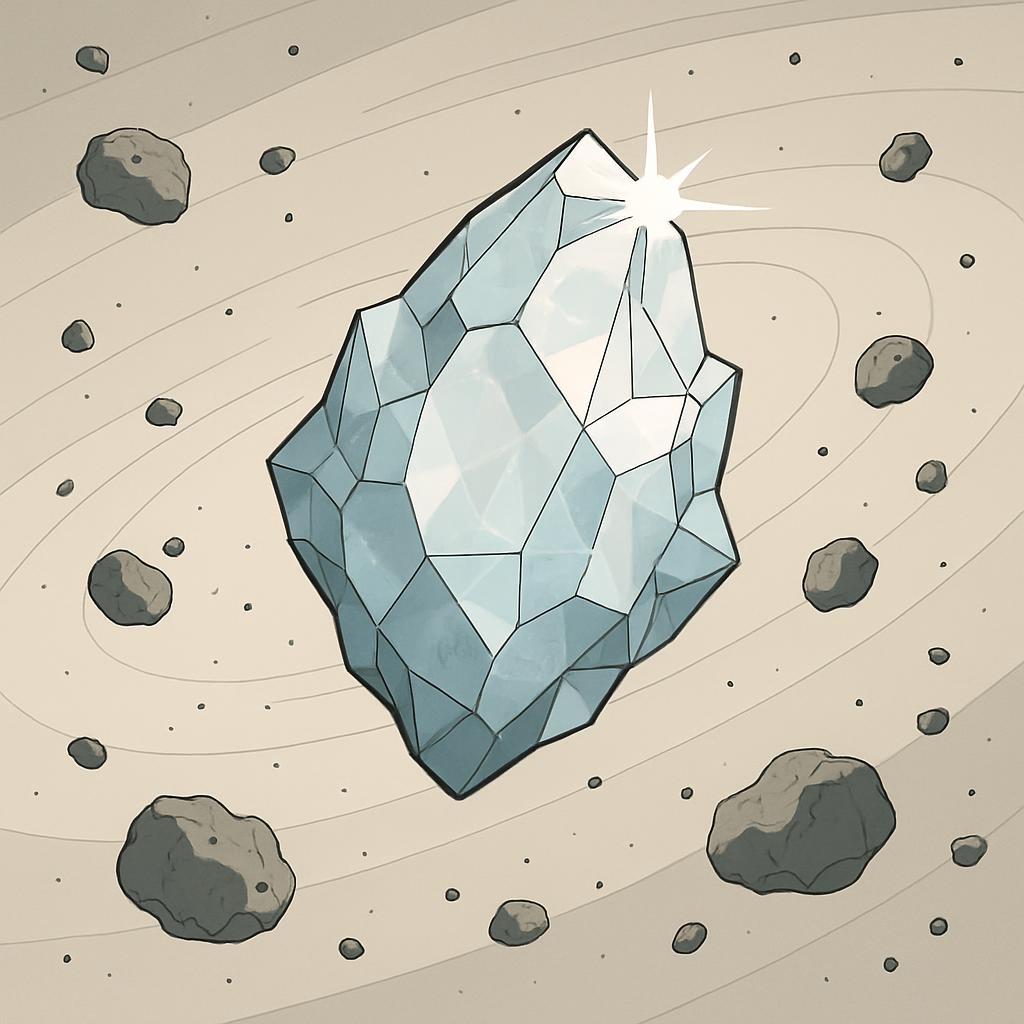 Illustration of asteroid belt-inspired backgrounds and gemstones in the center.