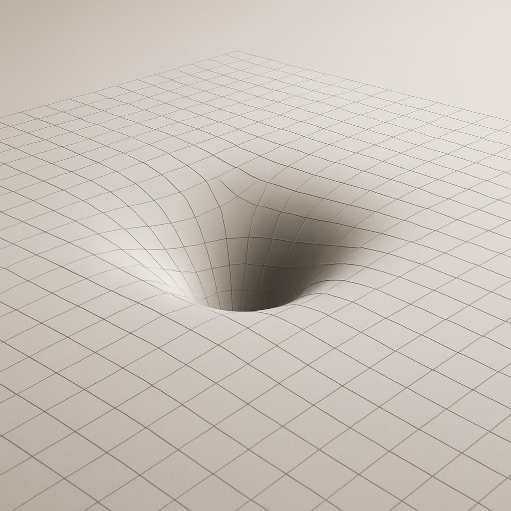 A 3D digital illustration of a white tiled floor with a hole or crater in the center, appearing as if covered by a distort...